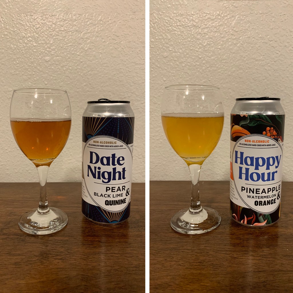 A glass of cider sits each to the left of a can of Rev Nat's cider: one Date Night cider and one Happy Hour cider